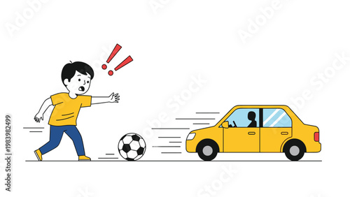 Dangerous situation where a young boy runs into the street to retrieve a soccer ball while a yellow car is driving nearby.