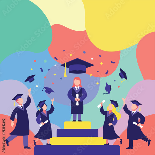 Graduate standing on podium celebrating degree.