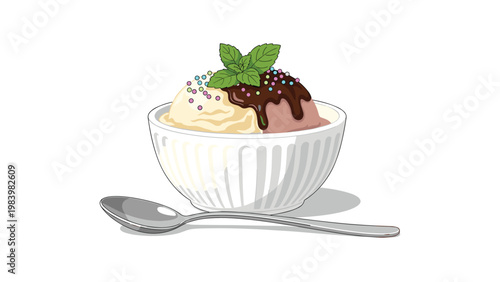 Two scoops of vanilla and chocolate ice cream topped with chocolate syrup, sprinkles, and a mint leaf in a white ribbed bowl.