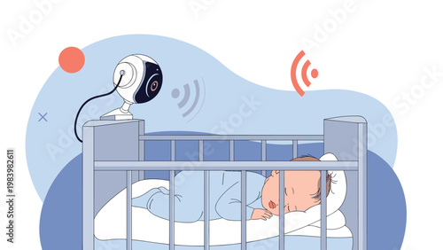 Baby sleeping peacefully in a white crib while a smart baby monitor camera is watching from the side in a modern nursery.