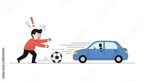 Dangerous street scene where a boy in a red shirt chases a soccer ball into the road in front of a blue car with a driver.
