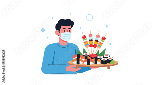 Man wearing a blue shirt and medical face mask holding a large platter of diverse sushi rolls and skewers for a party.