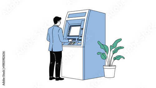 Man in a blue suit standing at a blue and white ATM machine performing a financial transaction with a potted plant nearby.