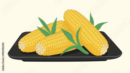 Three fresh yellow corn cobs with green leaves arranged on a black rectangular plate against a light cream background for cooking.