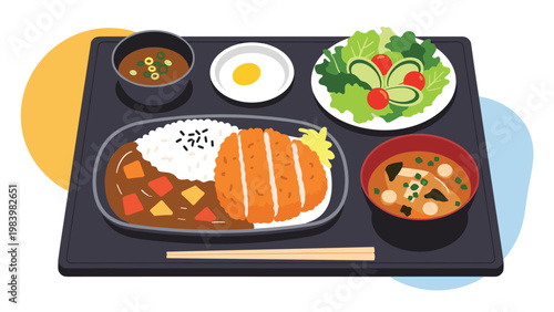 Full Japanese meal set on a black tray featuring tonkatsu curry, rice, salad, miso soup, and a small side dish with chopsticks.