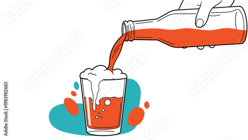 Hand pouring a bright orange beverage from a glass bottle into a foaming glass cup against a simple white background with splashes.