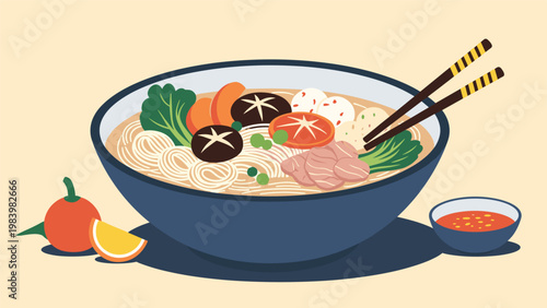 Large bowl of vegetable noodle soup with mushrooms, greens, carrots, and tofu served with chopsticks and a side dish.