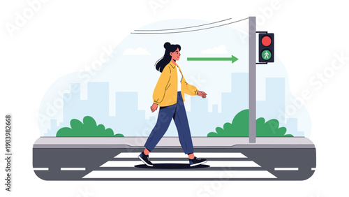Young woman in a yellow jacket walking across a pedestrian crosswalk while the traffic light is green for pedestrians.