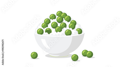 Bowl of steaming white rice topped with vibrant green garden peas presented in a simple ceramic bowl on a clean white background.
