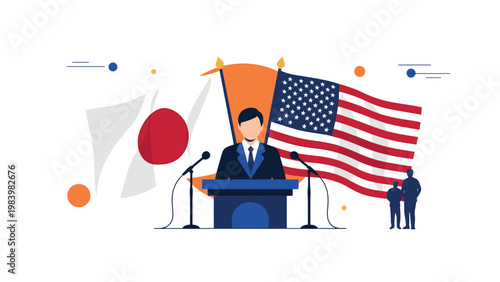 Political figure standing at a podium delivering a speech with Japanese and American flags symbolizing international diplomacy and relations.