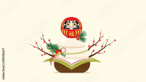 Traditional Japanese New Year decoration featuring kagami mochi topped with a red daruma doll and festive plum blossom branches.