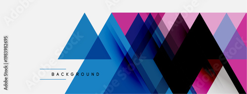 Abstract geometric shapes overlap, creating vibrant color gradients. Blue, purple, pink hues dominate design. Minimal text present.