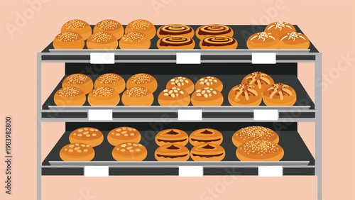 Commercial bakery shelf unit displaying an array of golden brown buns and rolls with different toppings and patterns.