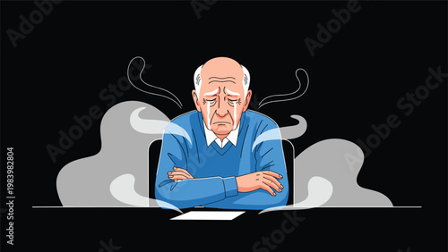 Depressed elderly man sitting with arms crossed and tears in his eyes while surrounded by smoke on a dark black background.