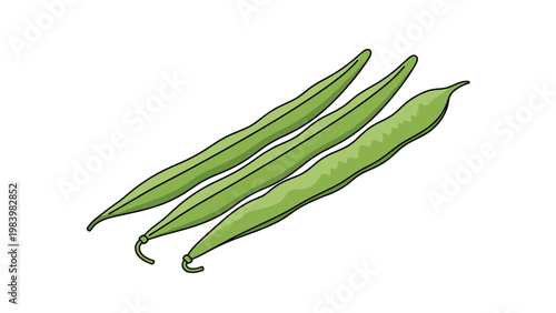 Three fresh long green bean pods lying together on a plain white background used for healthy cooking and salad ingredients.