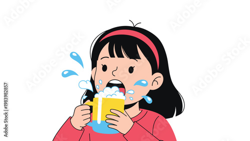 Young girl with black hair and a red headband drinking a bubbly beverage from a yellow and blue mug with droplets splashing.