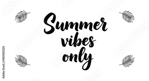 Summer vibes typography, feather illustrations, black text, white background, motivational quote
