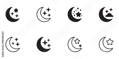 Night sky crescent moon with star variations pack for mobile user interface and weather forecasting apps.