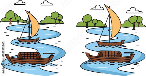 Two brown boats sail on a winding river with green trees and clouds