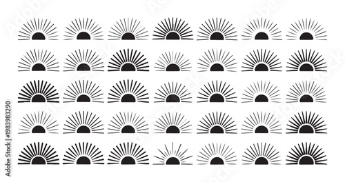 Set of sunburst graphic design elements rays radiating from semicircle shapes line art.