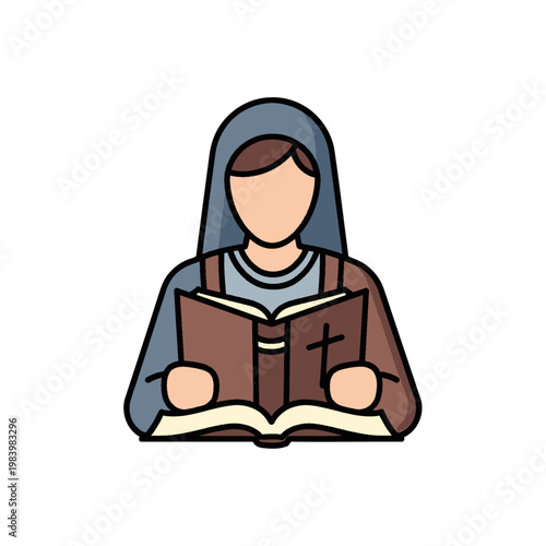 Person in religious attire reading a holy book with a cross symbol