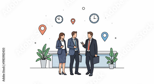 Business professionals engaged in team brainstorming near plants and a counter