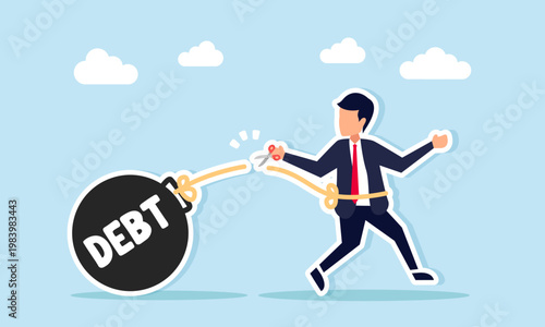 Businessman cutting rope connected to debt burden with scissors illustration of business debt repayment and financial freedom concept