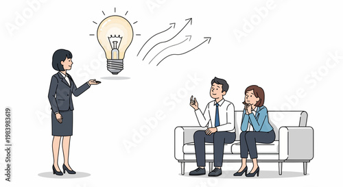 Businesswoman presents idea to team during brainstorming session on couch
