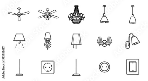 lighting fixtures electrical outlets and home appliances outline icons set for interior design featuring ceiling fans.