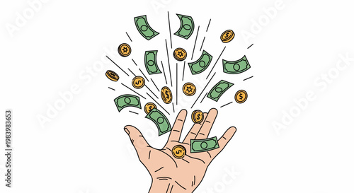 A hand dispersing money and coins into the air suddenly today