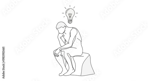 a minimalist line drawing of a thinker deep in contemplation a light bulb symbolizing a new idea and creative problem solving.