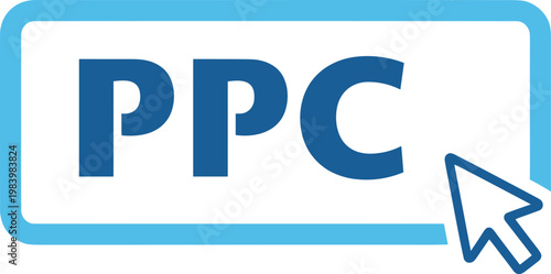 PPC pay per click text in a blue frame with a pointer arrow on a checkered background.