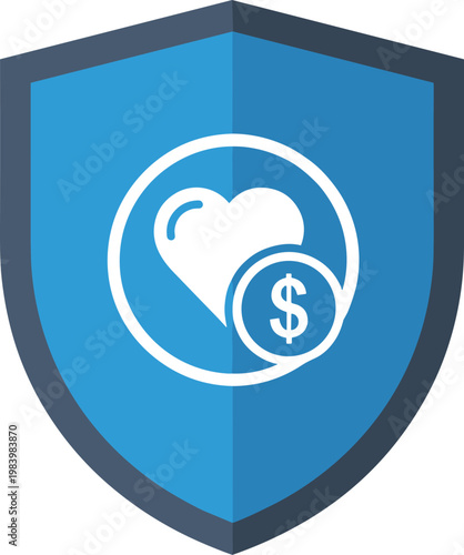 Safety shield icon with heart and dollar coin symbol for health insurance coverage and financial protection illustration.