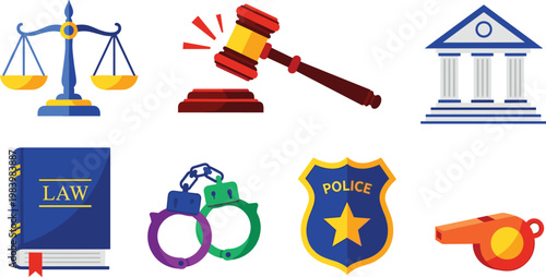 Law and justice icons vector set with scales gavel court police legal symbols authority design collection
