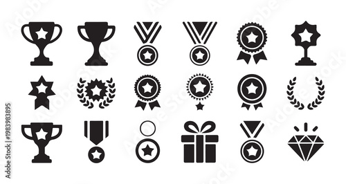 Varied award and achievement symbols like trophies, medals, ribbons, wreath, gift, and gems.