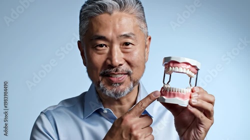 Portrait of a smiling middle-aged East Asian man with short gray hair and beard holding a plastic dental model of human teeth and gums against a solid light blue studio background.