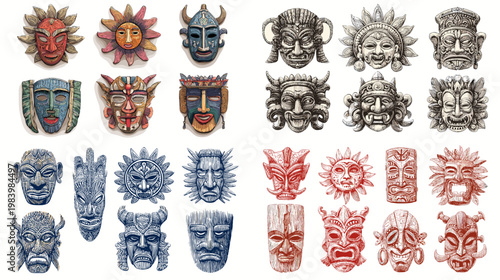 Colorful tribal mask collection with decorative ethnic patterns and carved cultural motifs, perfect for festival design, posters, crafts and artistic illustrations.