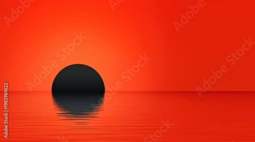 A black sun partially submerged on a calm, reflective red ocean under a vivid red sky.