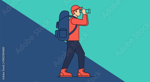 Man hiking with binoculars on mountain trail in summer looking afar