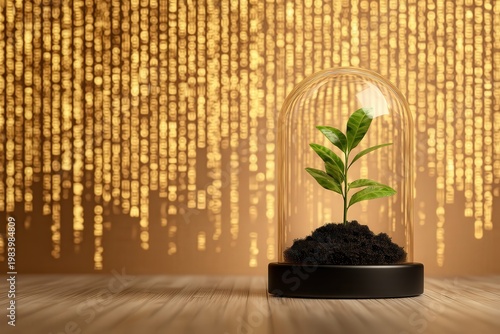 A young green plant grows in soil under a glass dome, symbolizing protection and growth, set against a golden digital matrix background.