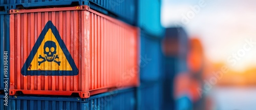 A red shipping container with a skull and crossbones hazard warning symbol, stacked among other containers at a port or industrial area during sunset.