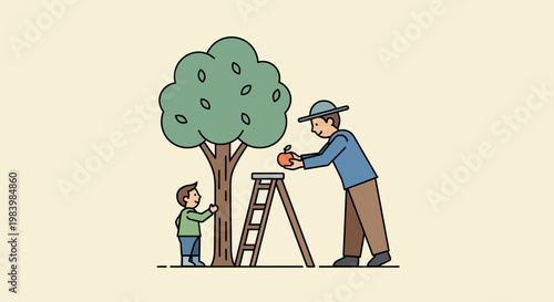 Man and boy engage in fruit harvesting from tree in agriculture scene
