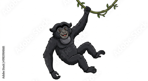 Siamang Gibbon Swinging on a Vine Cartoon Vector Illustration Isolated on White Background