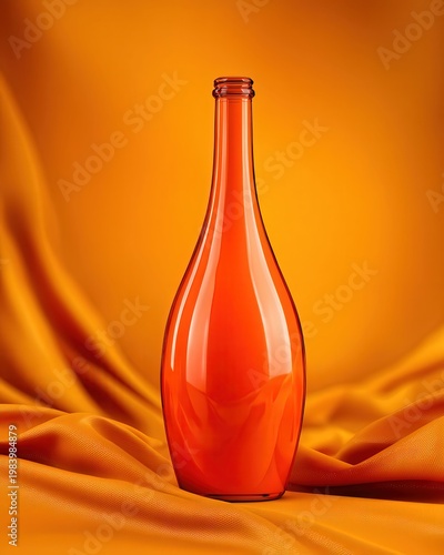 A sleek, empty orange glass bottle stands upright on a textured orange fabric background, showcasing a smooth, reflective surface and vibrant monochromatic tones.