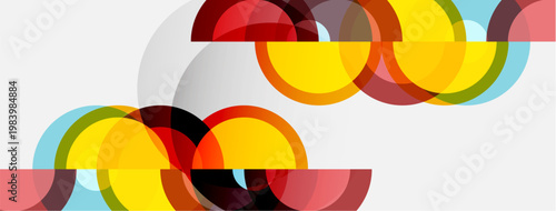 Abstract colorful overlapping circles create dynamic visual pattern. Simple shapes, modern design, bright hues dominate composition.