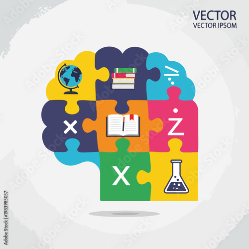 Colorful puzzle pieces with symbols.