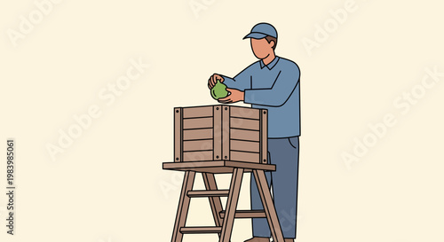Man engaged in fruit harvesting on a ladder for agriculture purposes outdoors