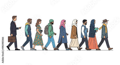 Diverse group of people walking together in a line various cultures and styles urban setting community concept