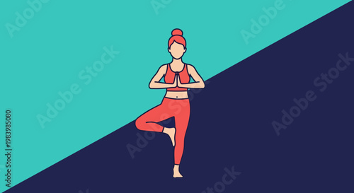 A sport coach leads a woman in training yoga on a split colored background