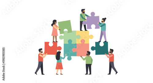 Diverse team working together to complete a large puzzle symbolizing collaboration and unity in a creative problem solving environment with colorful pieces